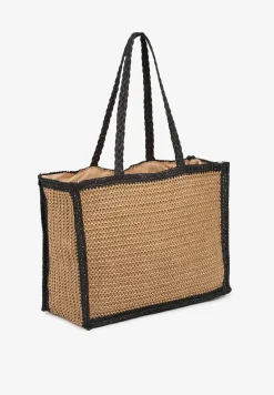 Ciemnobeżowa Pleciona Torebka Shopperka Plażowa z Napisem Korauri