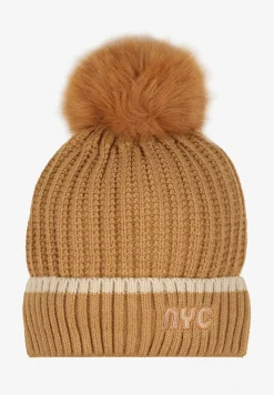 Ciemnobeżowa Prążkowana Czapka z Pomponem Edavira