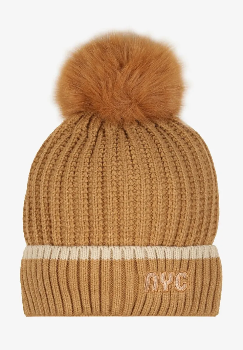 Ciemnobeżowa Prążkowana Czapka z Pomponem Edavira