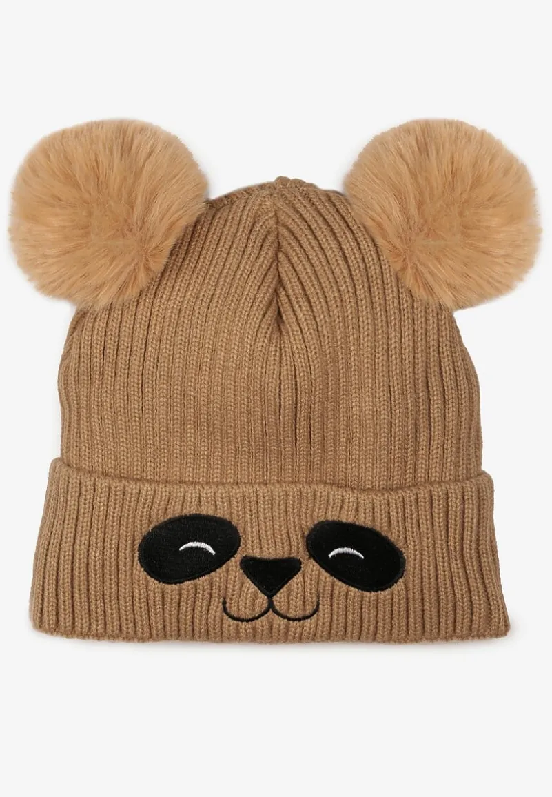 Ciemnobeżowa Prążkowana Czapka z Misiem i Dwoma Pomponami Shenoy