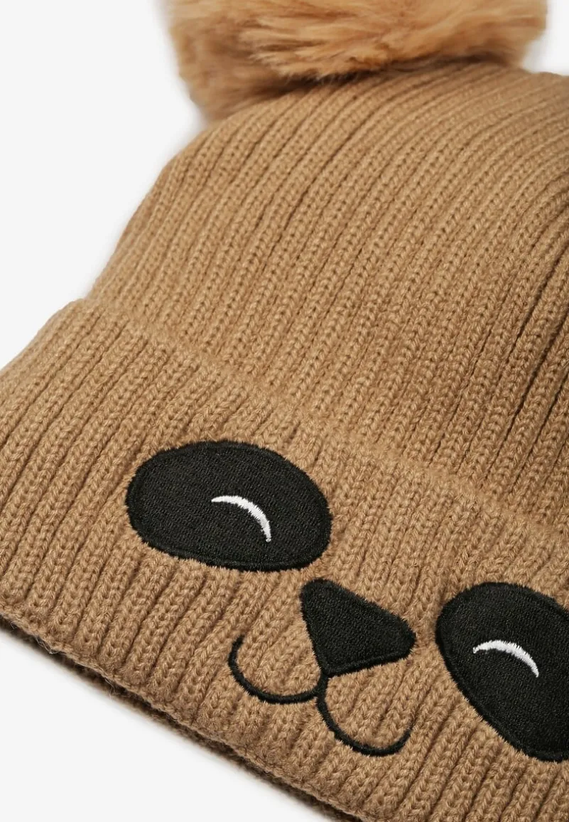 Ciemnobeżowa Prążkowana Czapka z Misiem i Dwoma Pomponami Shenoy