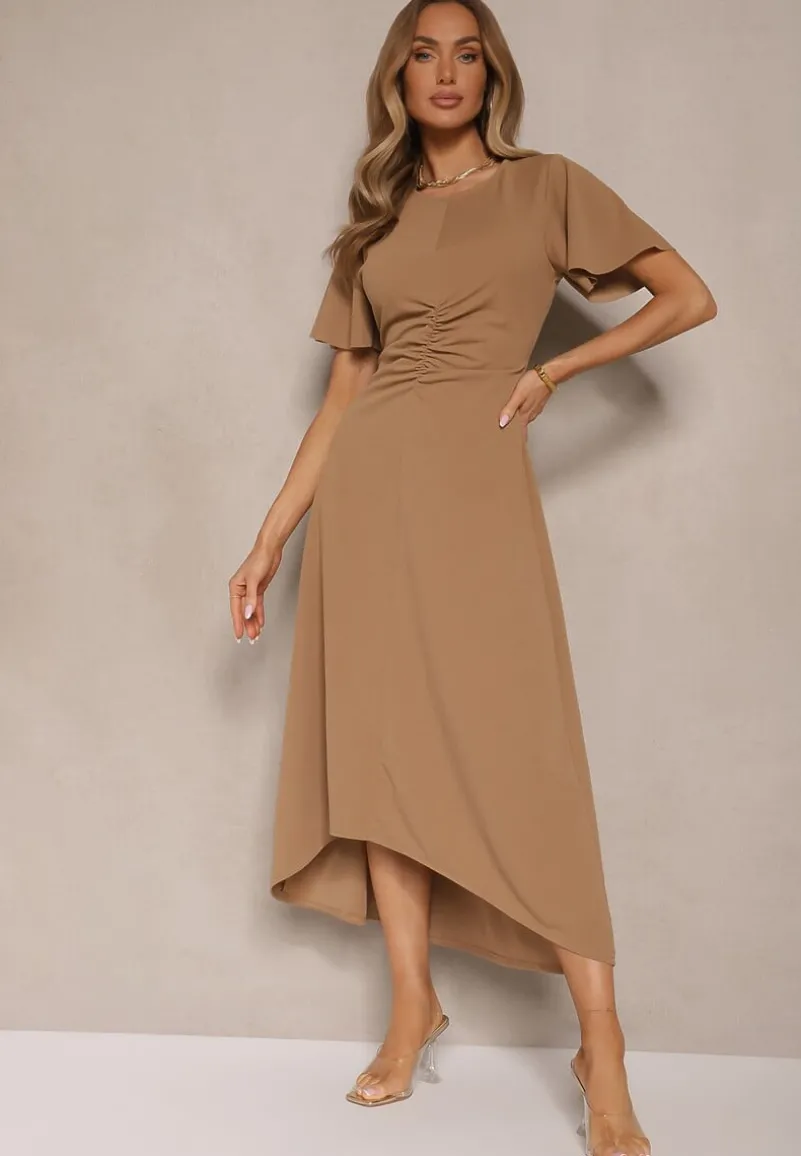 Ciemnobeżowa Sukienka o Rozkloszowanym Kroju z Marszczeniem Odarene