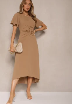 Ciemnobeżowa Sukienka o Rozkloszowanym Kroju z Marszczeniem Odarene