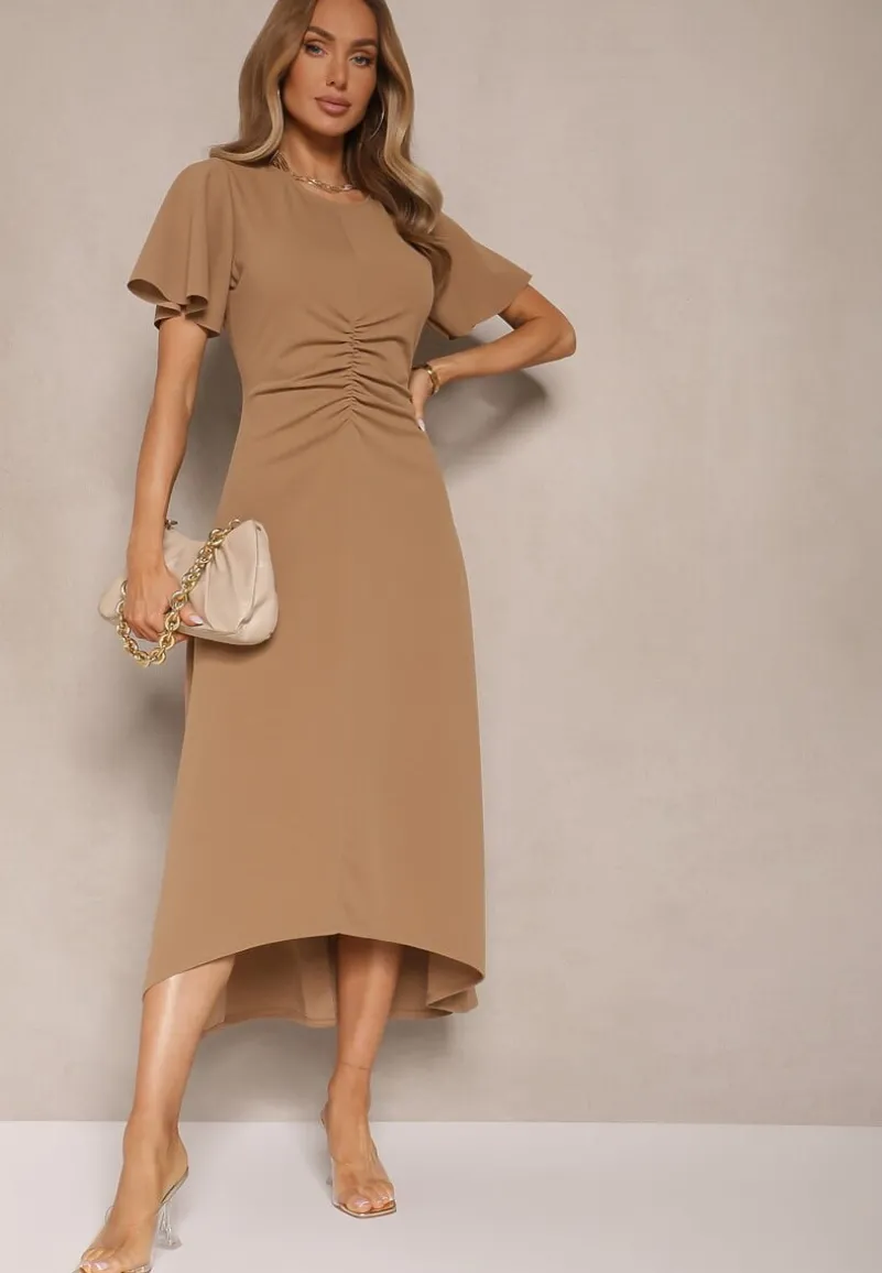 Ciemnobeżowa Sukienka o Rozkloszowanym Kroju z Marszczeniem Odarene