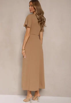 Ciemnobeżowa Sukienka o Rozkloszowanym Kroju z Marszczeniem Odarene