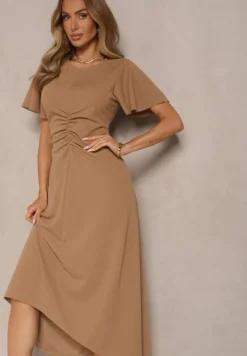 Ciemnobeżowa Sukienka o Rozkloszowanym Kroju z Marszczeniem Odarene