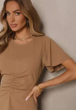 Ciemnobeżowa Sukienka o Rozkloszowanym Kroju z Marszczeniem Odarene