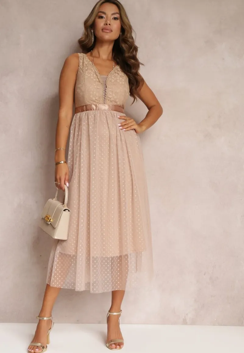 Ciemnobeżowa Tiulowa Sukienka Rozkloszowana z Koronką Phyvana