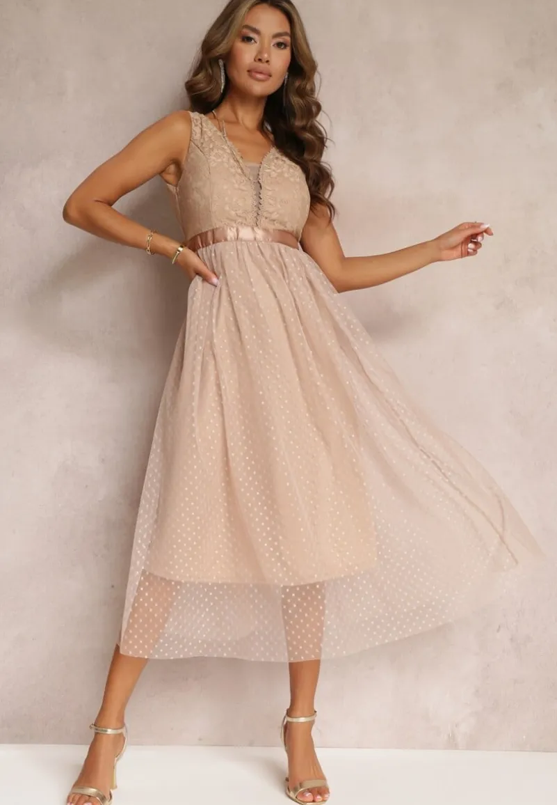 Ciemnobeżowa Tiulowa Sukienka Rozkloszowana z Koronką Phyvana