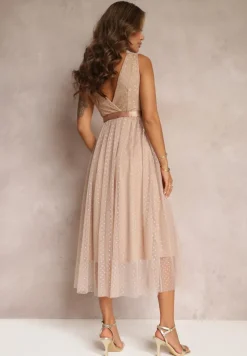 Ciemnobeżowa Tiulowa Sukienka Rozkloszowana z Koronką Phyvana