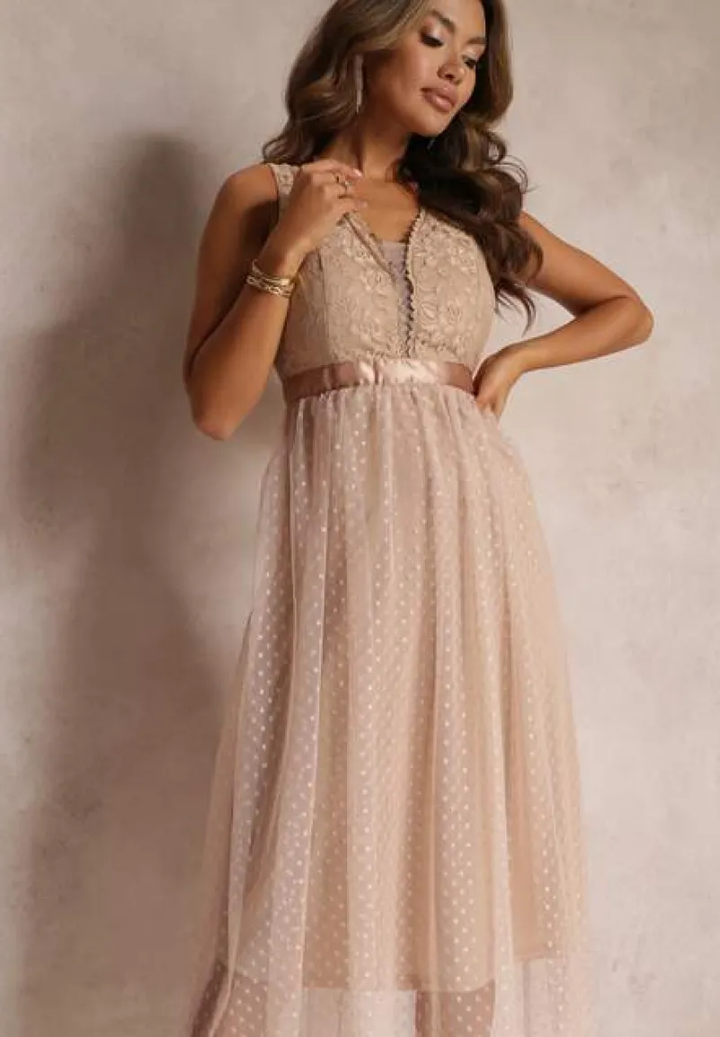 Ciemnobeżowa Tiulowa Sukienka Rozkloszowana z Koronką Phyvana