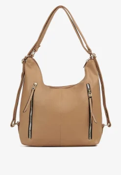 Ciemnobeżowa Torebka Hobo z Regulowanym Paskiem i Kieszeniami z Ozdobnymi Suwakami Sanirael