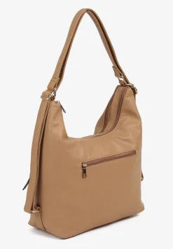 Ciemnobeżowa Torebka Hobo z Regulowanym Paskiem i Kieszeniami z Ozdobnymi Suwakami Sanirael