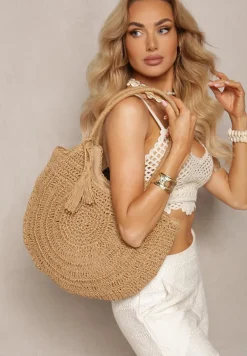 Ciemnobeżowa Torebka Shopperka Boho z Plecionej Rafii Aidarsa