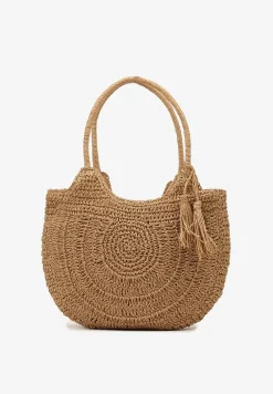 Ciemnobeżowa Torebka Shopperka Boho z Plecionej Rafii Aidarsa