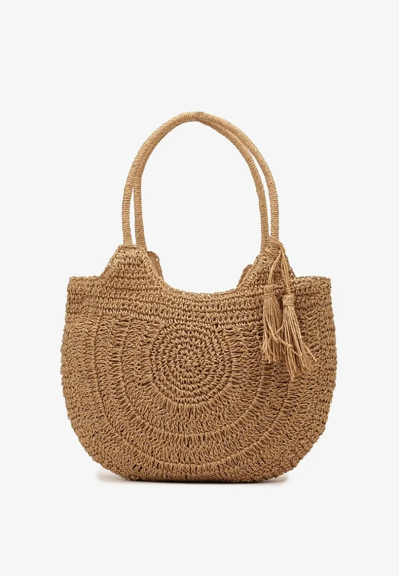 Ciemnobeżowa Torebka Shopperka Boho z Plecionej Rafii Aidarsa