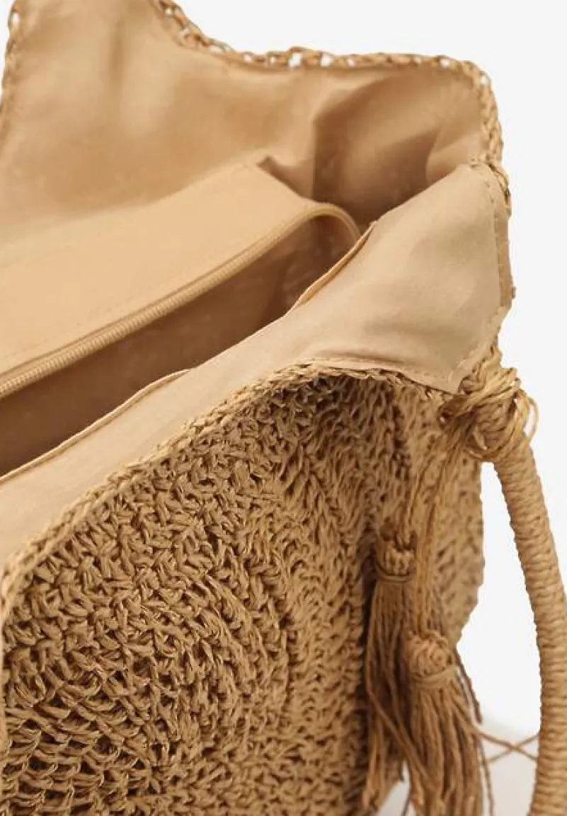 Ciemnobeżowa Torebka Shopperka Boho z Plecionej Rafii Aidarsa