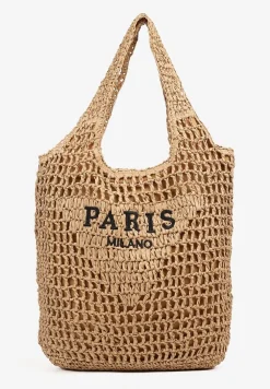 Ciemnobeżowa Torebka Shopperka z Plecionki Ozdobiona Napisami Navillian