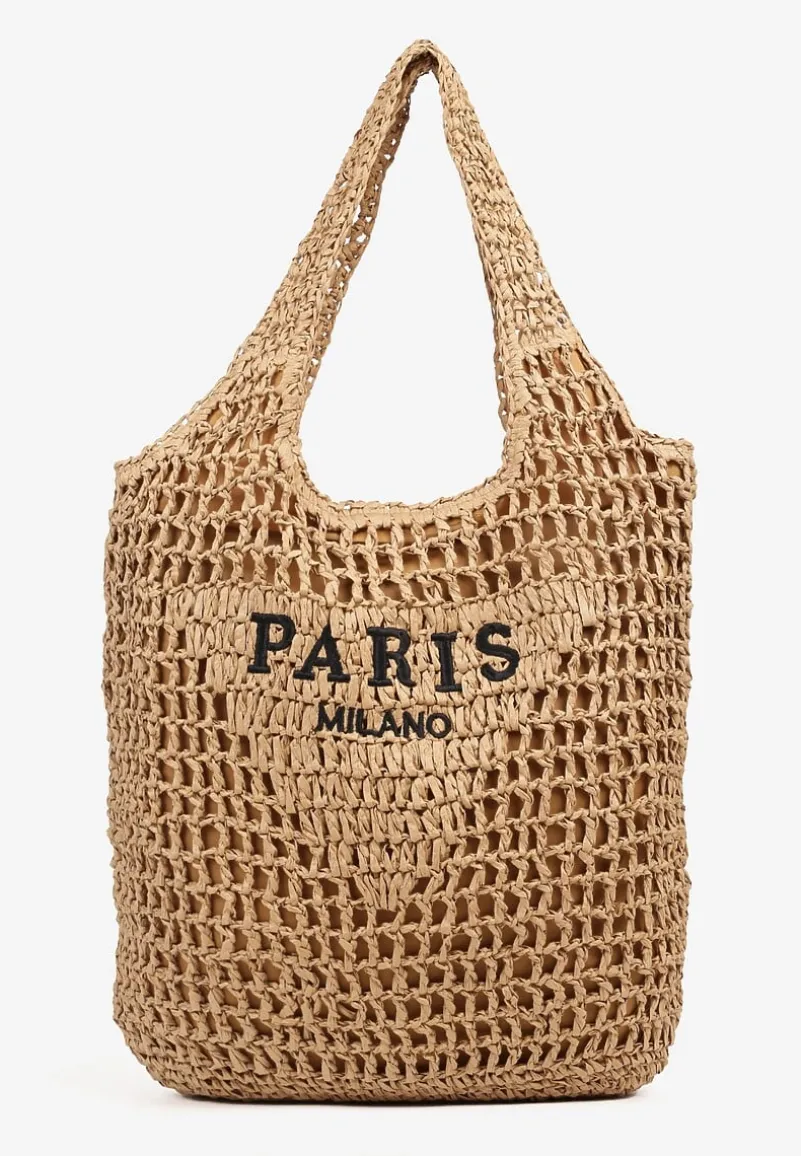 Ciemnobeżowa Torebka Shopperka z Plecionki Ozdobiona Napisami Navillian