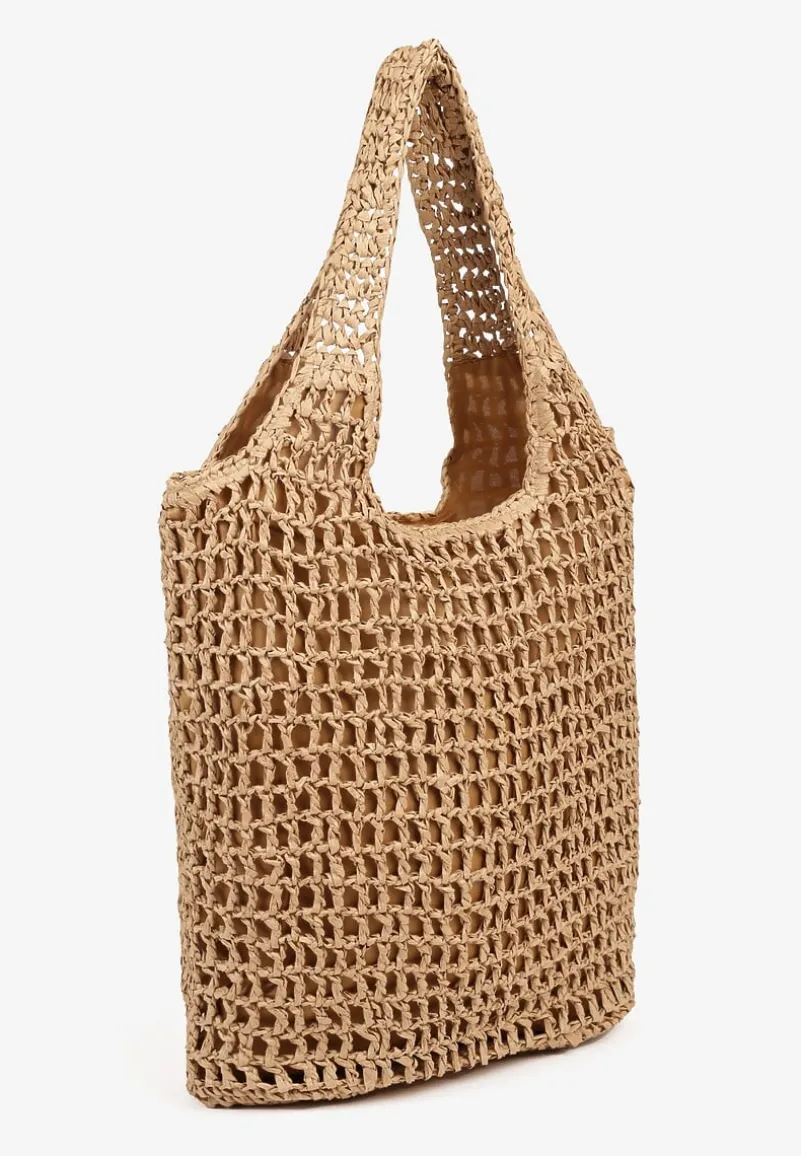 Ciemnobeżowa Torebka Shopperka z Plecionki Ozdobiona Napisami Navillian