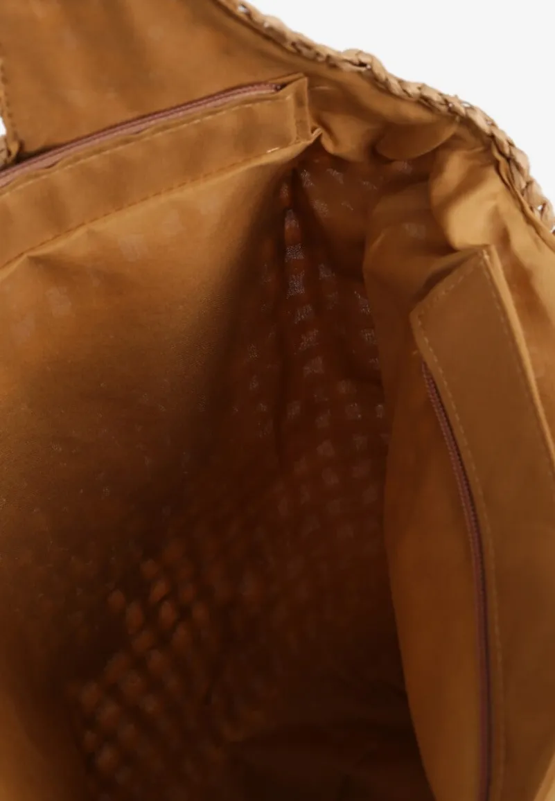 Ciemnobeżowa Torebka Shopperka z Plecionki Ozdobiona Napisami Navillian