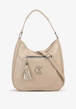 Ciemnobeżowa Torebka Shopperka z Frędzlami i Aplikacją Gelluria