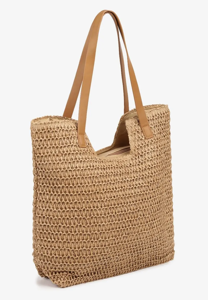 Ciemnobeżowa Torebka Typu Shopperka z Plecionki Feliswela