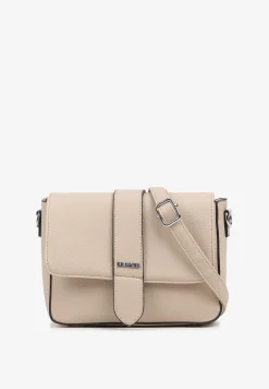 Ciemnobeżowa Torebka Typu Listonoszka z Klapą Zdobiona Aplikacją Niraline