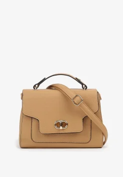 Ciemnobeżowa Torebka Typu Listonoszka z Rączką i Ozdobną Klapą Monevia