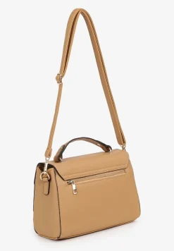 Ciemnobeżowa Torebka Typu Listonoszka z Rączką i Ozdobną Klapą Monevia