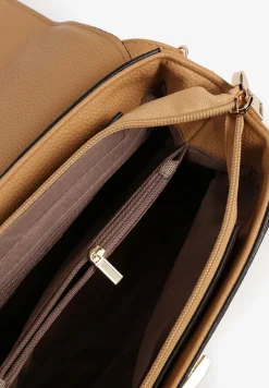 Ciemnobeżowa Torebka Typu Listonoszka z Rączką i Ozdobną Klapą Monevia