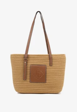 Ciemnobeżowa Torebka Typu Shopperka z Szydełkowego Materiału z Bawełny Saverezae