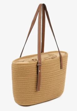 Ciemnobeżowa Torebka Typu Shopperka z Szydełkowego Materiału z Bawełny Saverezae