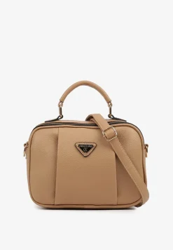 Ciemnobeżowa Torebka w Stylu Listonoszki z Geometryczną Ozdobą Nanolira