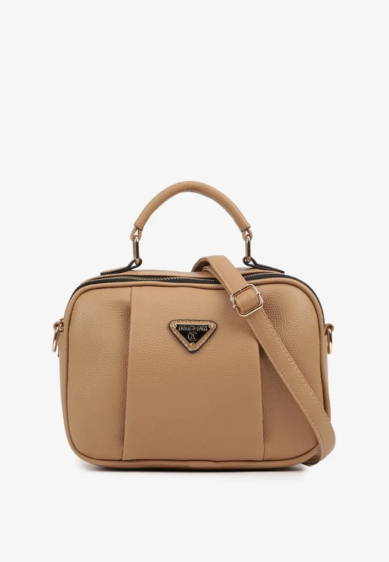 Ciemnobeżowa Torebka w Stylu Listonoszki z Geometryczną Ozdobą Nanolira