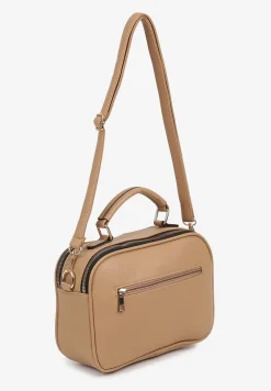 Ciemnobeżowa Torebka w Stylu Listonoszki z Geometryczną Ozdobą Nanolira