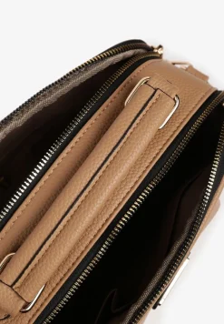 Ciemnobeżowa Torebka w Stylu Listonoszki z Geometryczną Ozdobą Nanolira