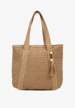 Ciemnobeżowa Torebka z Plecionki z Dwiema Rączkami Banestra