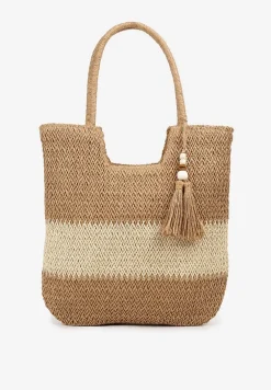 Ciemnobeżowa Torebka z Plecionki na Rączkach z Chwostami Livonia