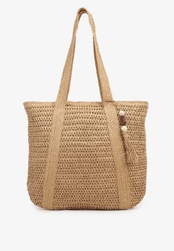 Ciemnobeżowa Torebka z Plecionki z Frędzlem i Koralikami Rinazelia