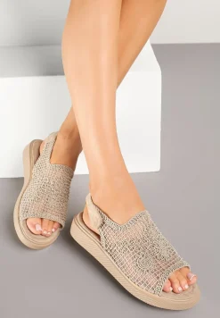 Ciemnobeżowe Ażurowe Sandały Ozdobione Plecionką Aluine