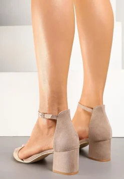 Ciemnobeżowe Basicowe Sandały na Słupku Vices z Paskiem Wokół Kostki Varhira