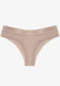 Ciemnobeżowe Bawełniane Majtki o Kroju Stringów Ozdobione Koronką i Gumką w Paski Torllana