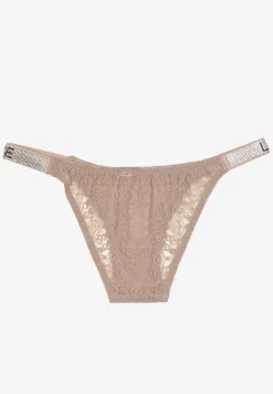Ciemnobeżowe Bawełniane Majtki Figi z Koronki Ozdobione Cyrkoniami Elenivia