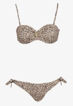 Ciemnobeżowe Bikini Usztywniany Biustonosz z Ozdobą i Majtki Typu Figi ze Sznurkami po Bokach Aromarie