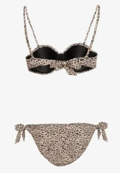 Ciemnobeżowe Bikini Usztywniany Biustonosz z Ozdobą i Majtki Typu Figi ze Sznurkami po Bokach Aromarie