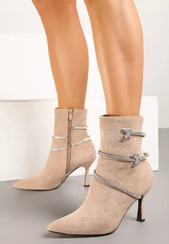 Ciemnobeżowe Botki na Szpilce Ozdobione Motylami i Cyrkoniami Sassilie