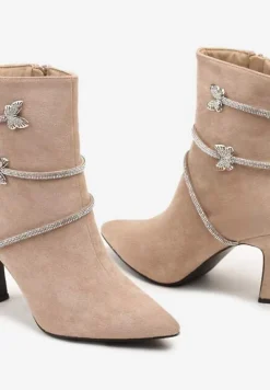 Ciemnobeżowe Botki na Szpilce Ozdobione Motylami i Cyrkoniami Sassilie