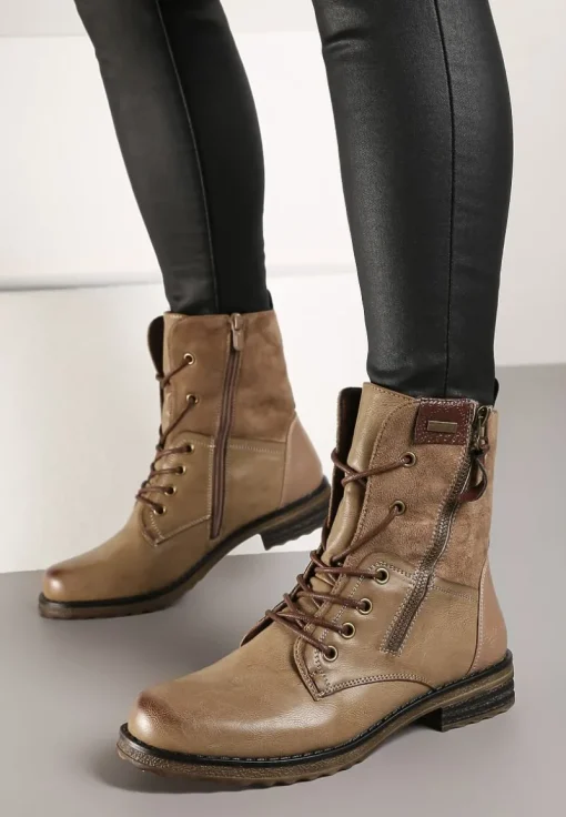 Ciemnobeżowe Botki Sznurowane z Zamkiem Hiyab