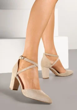 Ciemnobeżowe Brokatowe Czółenka na Słupku ze Skórzaną Wkładką i Ozdobnymi Paskami Leaniria